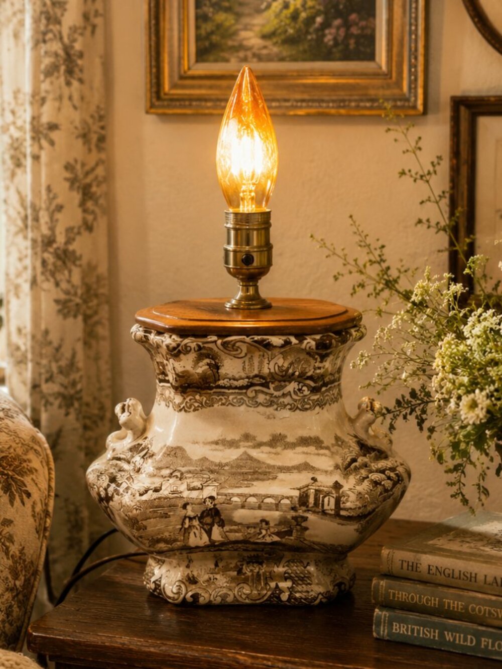 Rare Antique 19th Century English Brown Transferware Pastoral Scene Lamp Base